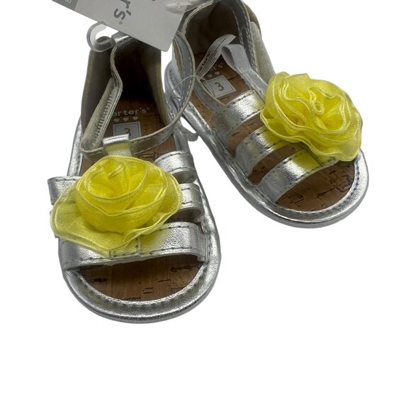 Carters Silver Baby Girl Sandals With Yellow Flower Accent Size 3 Metallic NEW - Picture 8 of 8